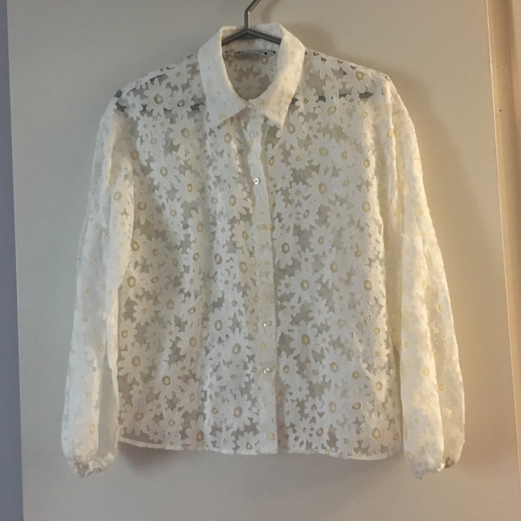 Pretty ZARA White Daisy Appliqué Sheer Balloon Sleeve Blouse S Last Chance - Picture 1 of 4